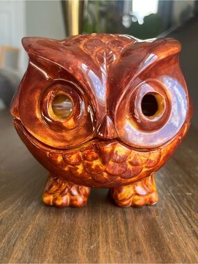 Vintage 1970’s Orange/Brown Glazed Ceramic Owl Fairy Lamp EUC